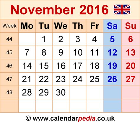 Calendar November 2016 Uk With Excel Word And Pdf Templates