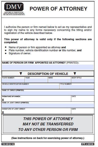 Free Vehicle Power Of Attorney Form Oregon