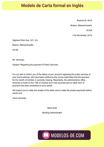 Modelo de Carta formal en inglés en Word  Gratis