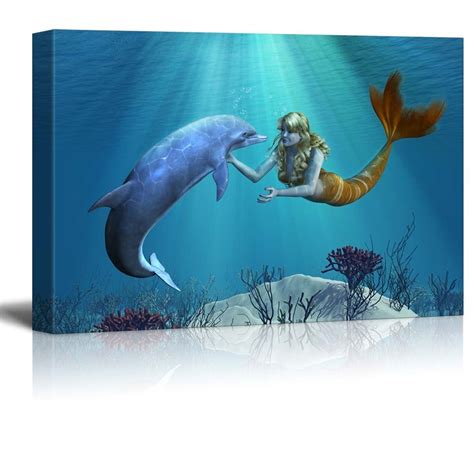 Wall26 Canvas Prints Wall Art A Friendly Dolphin Greets A Mermaid