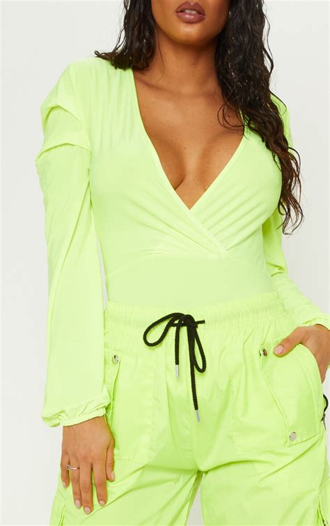 Neon Lime Slinky Plunge Bodysuit Tops Prettylittlething