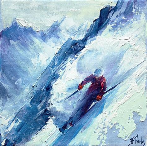 Skier Art Print Skiing Painting Ski Winter Snowy Mountains Gicl E Print