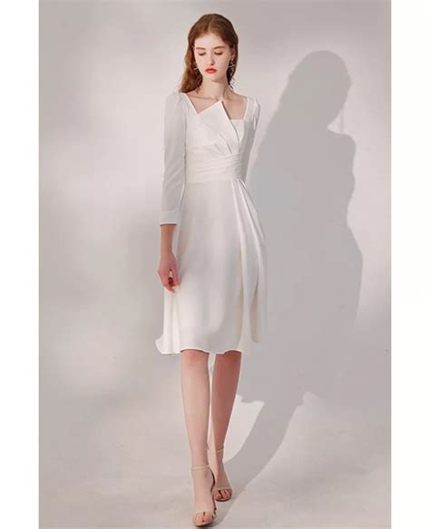 Elegant White Knee Length Party Dress Pleated With Sleeves Htx96023