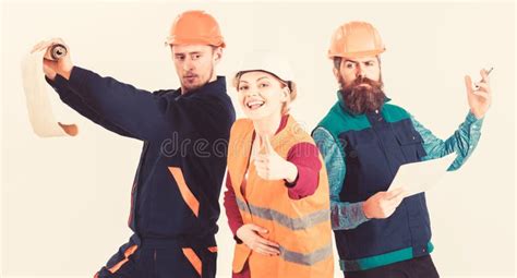 Builder Architect Repairman Searching Handyman Men And Woman In Helmets Stock Image Image