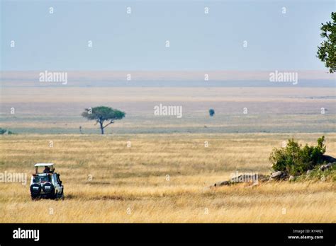 African Safari Landscape Scenery Tanzania Kenya Safari With Truck Stock