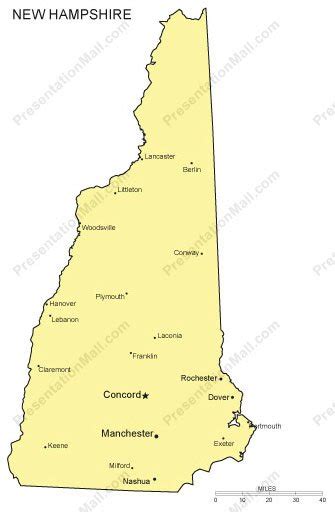New Hampshire Outline Map With Capitals And Major Cities Digital Vector