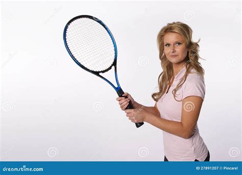 Blond Girl Holding A Tennis Racket Stock Image Image Of Exercise