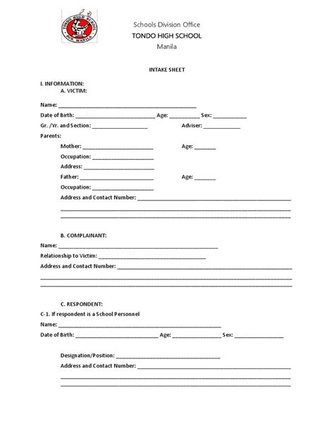 Intake Sheet Form Tondo High Pdf Juvenile Delinquency Domestic