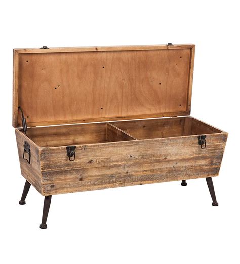 Rustic Wooden Storage Bench With Cushion Top Wind And Weather