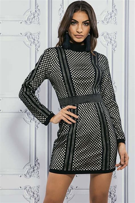 Premium Black Fishnet Panelled High Neck Mini Dress In The Style