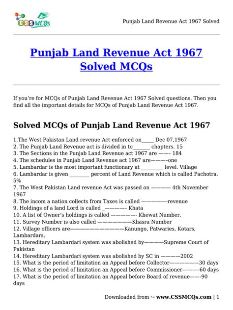 Punjab Land Revenue Act 1967 Solved Pdf
