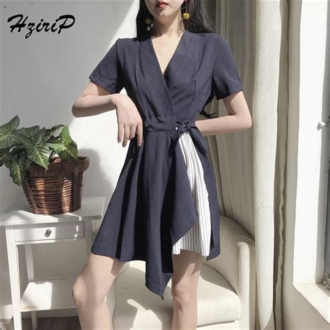 Hzirip 2018 Summer Dress Women Elegant Solid Cotton Patchwork Ol V Neck Sex Ladies Blue Party