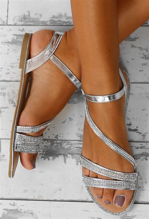 Away We Glow Silver Diamante Flat Strappy Sandals Strappy Sandals
