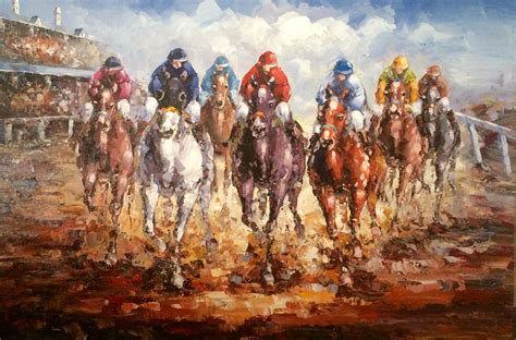 24x36 Horserace Hand Painted Oil On Canvas Thoroughbred Horse