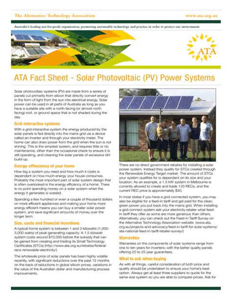 Ata Fact Sheet Solar Photovoltaic Pv Power Systems