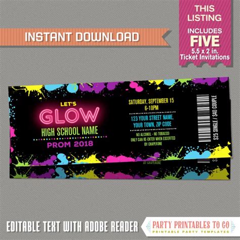 Neon Glow Prom Party Ticket Invitations Instant Dowload