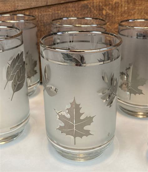 Set Of Seven 7 Libbey Drink Glasses Silver Foliage Pattern Mid Century Glasses Old