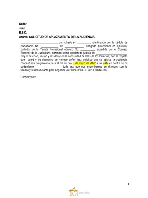 Solicitud De Aplazamiento De La Audiencia Pdf