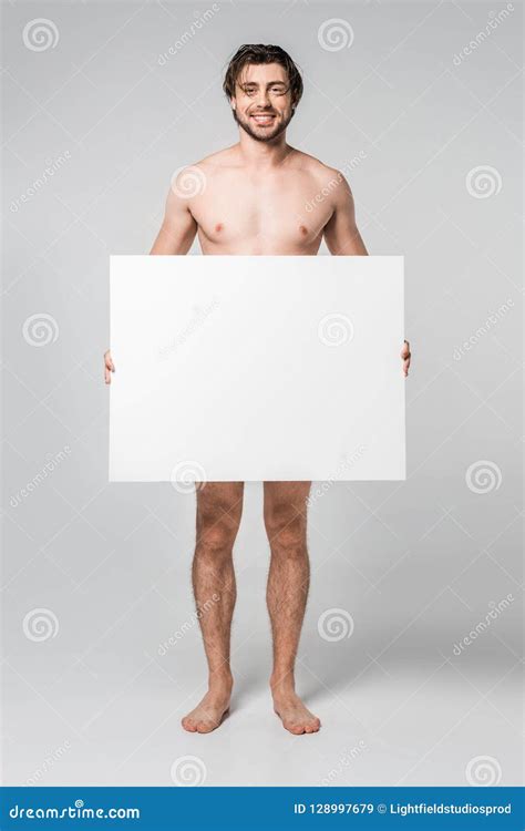 Smiling Handsome Naked Man Holding Blank Banner Stock Image Image Of