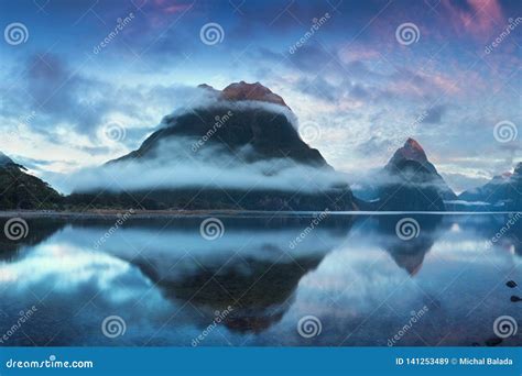 Beautiful Sunrise In Milford Sound New Zealand Mitre Peak Is The