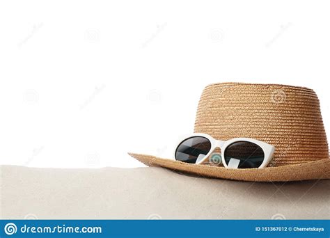 Hat And Sunglasses On Sand Against White Background Stylish Beach