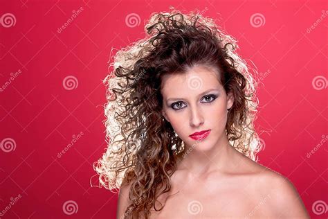 Beautiful Woman With Curly Hair On Red Stock Image Image Of Curly Portrait 26937209