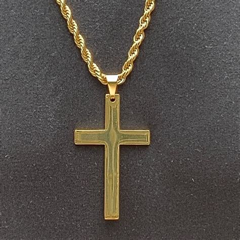 Large Gold Stainless Steel Cross Necklace For Men On A Twisted Rope Chain Gold Twisted Rope