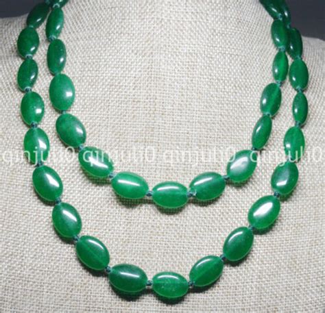 Natural 13x18mm Green Jade Oval Gemstone Beads Long Necklace 36 Inches