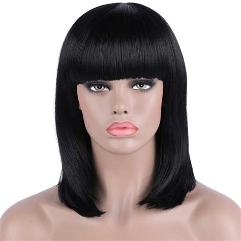 Women S 14 Inch Straight Short Black Bob Wig With Hair Bangs Heat Resistant Synthetic Full