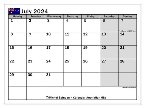 July 2024 Printable Calendar “australia Ms” Michel Zbinden Au