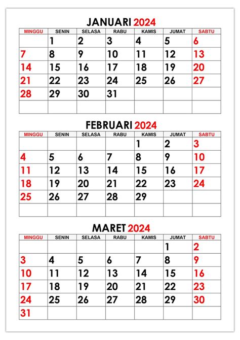 Kalender Januari Februari Maret 2024 Kalender365su