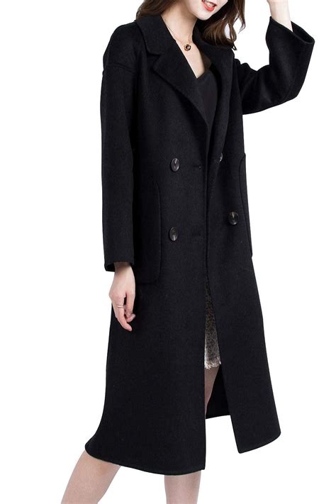 Buy ALABEL Petite Women Winter Elegant Notched Lapel Mid Long Pure Wool Coat Pea Jacket Double