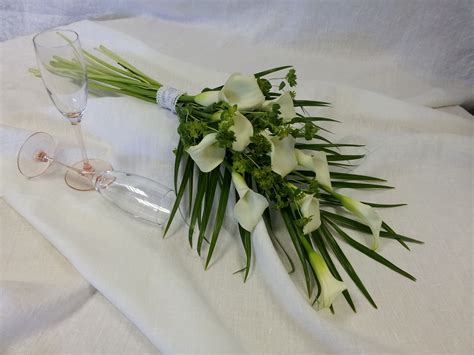 Calla Lilies Palm Leaves Over Arm Bouquet For Bride Simple Elegant