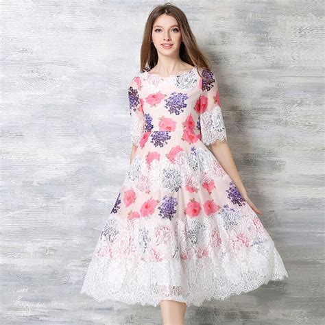 Fashion Lace Patchwork O Neck Long Dress Summer Sundresses For Women Chiffion Floral Print