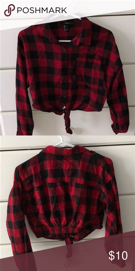 Flannel Crop Top Red And Black Flannel Cropped Forever 21 Tops