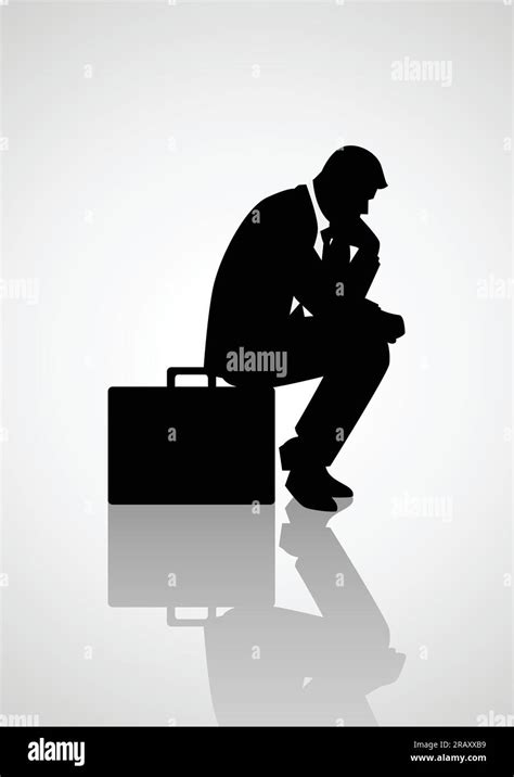 Silhouette Illustration Of Pensive Businessman Sitting On His Briefcase