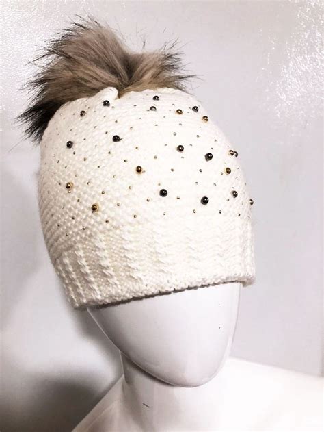 Knit Beanie White With Golden Studs And Faux Fur Pom Hat Made In Turkey