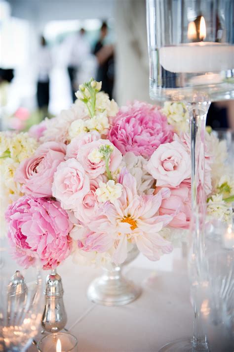 Pink Peony Centerpiece With Roses Stock And Dahlias Nantucket