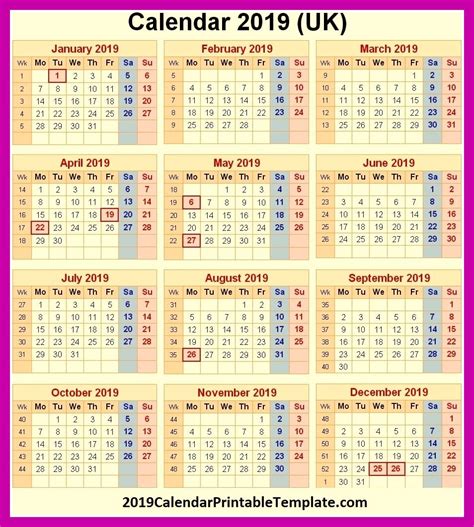 2019 Calendar Uk Printable 2019calendarprintabletemplate