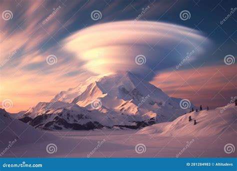 Dramatic Lenticular Clouds Hovering Above A Snowy Mountain Peak Stock