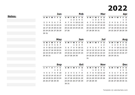 2022 Yearly Calendar Blank Minimal Design Free Printable
