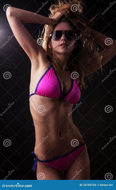 Pretty Tanned Woman In Bikini On Black Background Stock Photo Image