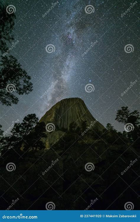 Milky Way Over Devils Tower Butte At Night Starry Sky Stock Photo
