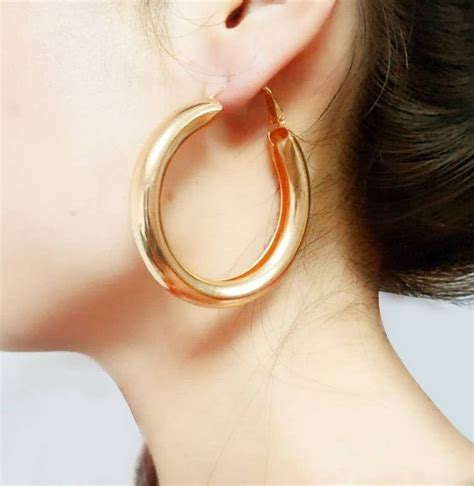 Oversized Big Gold Chunky Thick Hollow Tube Round Metal Hoop Earrings