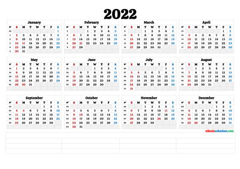 Free Printable 2022 Yearly Calendar 6 Templates