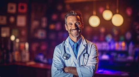 Premium Ai Image A Man In A White Lab Coat Stands In Front Of A Bar
