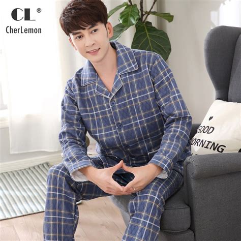 cherlemon new 2 pieces mens long sleeve thick cotton pajama sets casual plaid winter pijama