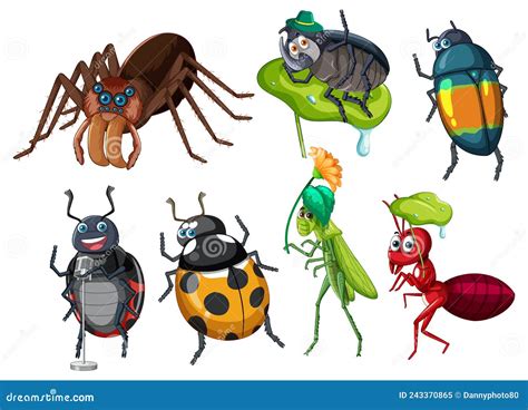 Set Of Different Insects And Beetles In Cartoon Style Stock Vector