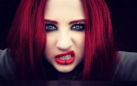 Niky Von Macabre Women Piercing Nose Rings Red Lipstick Dark Eyes Selective Coloring Face