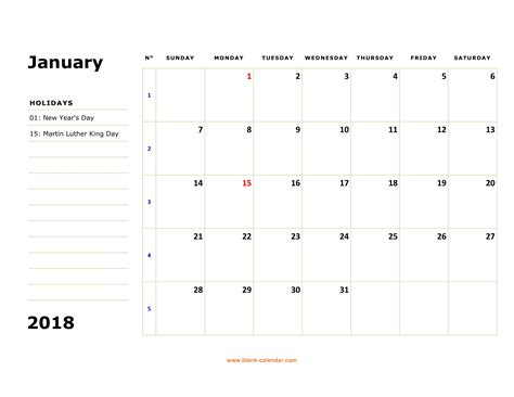 Free Download Printable Calendar 2018 Large Box Holidays Listed